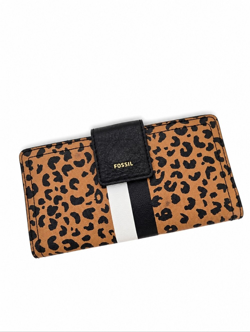 Fossil Madison Tab Clutch Wallet Leopard Animal Print